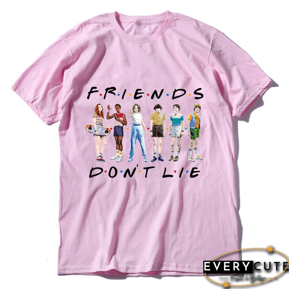 1Pcs Freind Dont Lie Six People Stand Printed T Shirt Stranger Things Letter Print Plus Size T Shirt White Short Sleeve Friends Dont Lie Printing Tees Feme Summe Tops