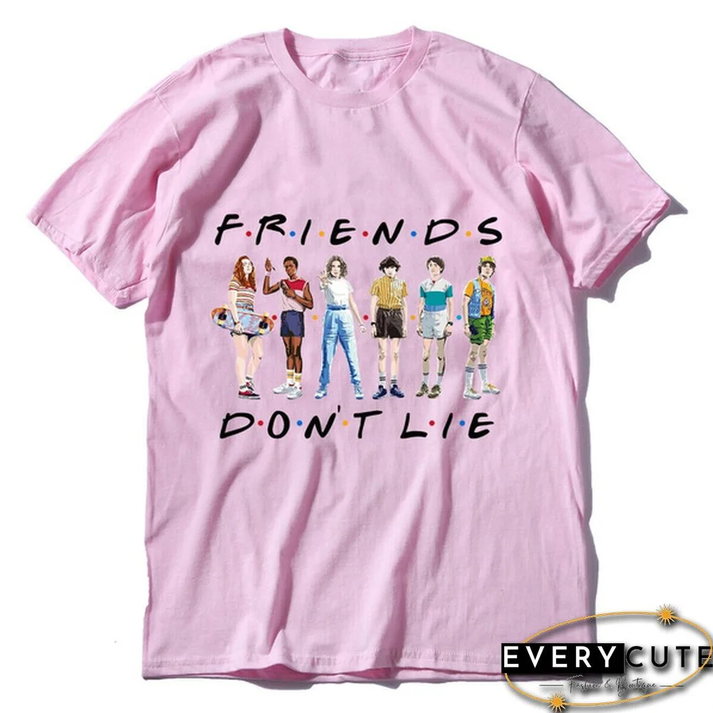 1Pcs Freind Dont Lie Six People Stand Printed T Shirt Stranger Things Letter Print Plus Size T Shirt White Short Sleeve Friends Dont Lie Printing Tees Feme Summe Tops
