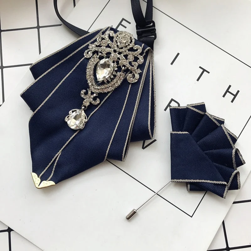 High-end New Rhinestone Bowties Brooch Korean Gentleman Dress White Shirt Wedding Bow Tie Set for Men Accessories Pocket Square