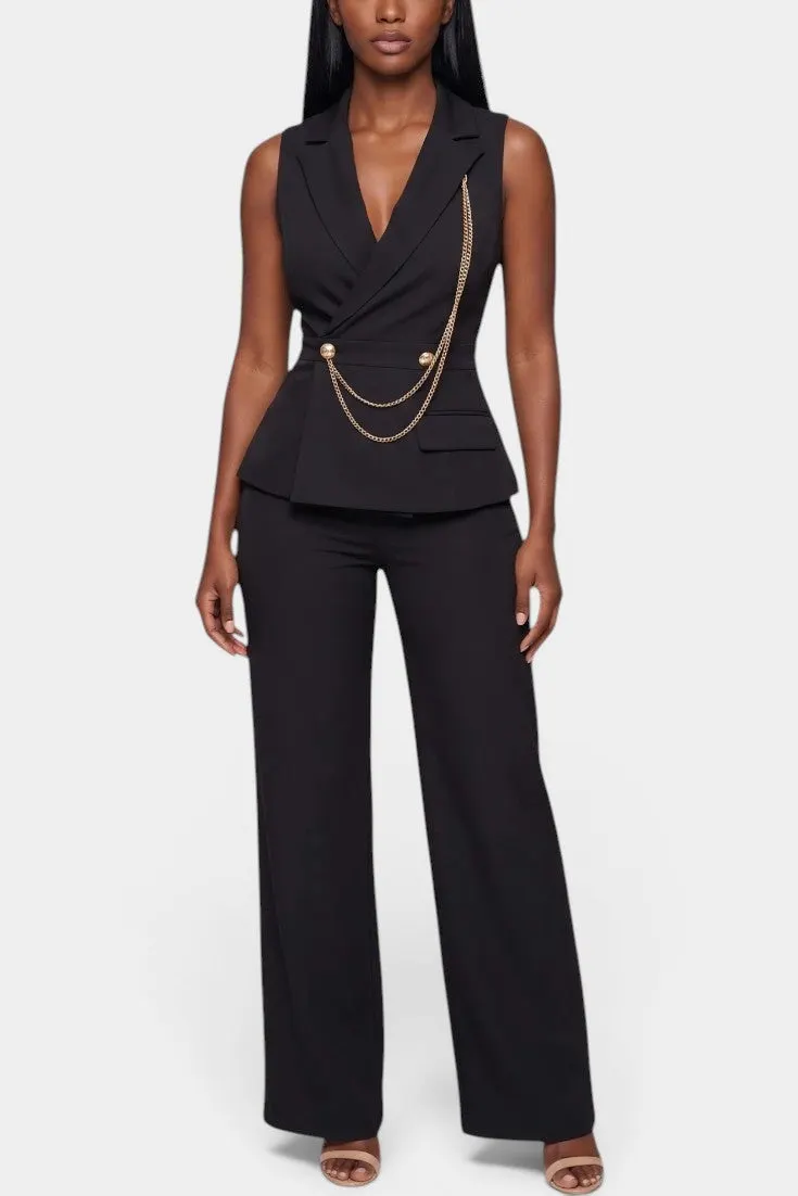 Sleek Double-Breasted Sleeveless Blazer with Chain Accent & Wide-Leg Trousers