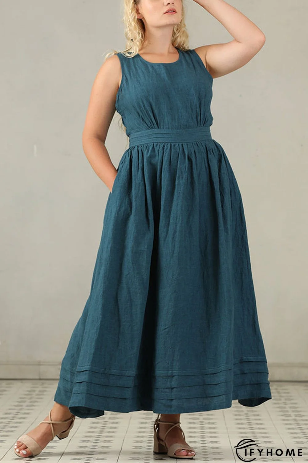 Cross Back O Neck Maxi Linen Dress | IFYHOME