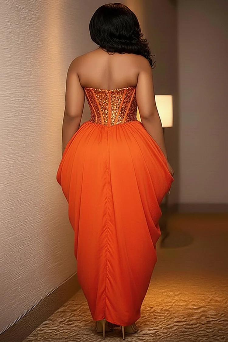 Strapless Sequin Patchwork Overlap Slit Party Maxi Dresses-Orange [Pre Order]