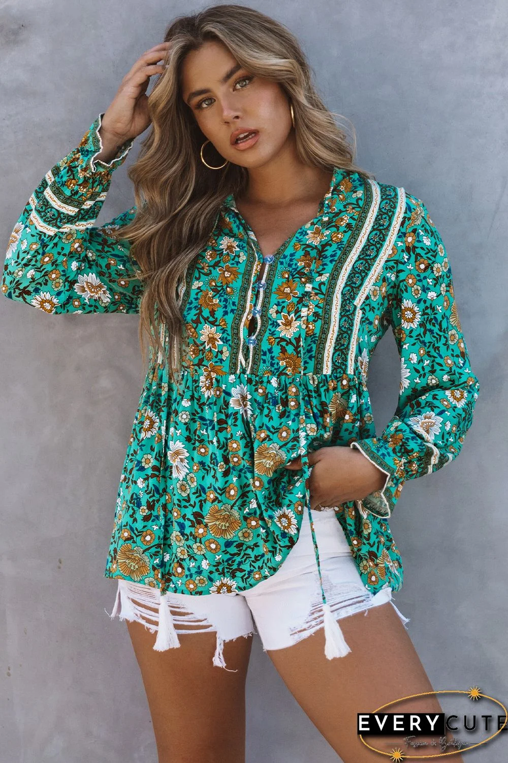 Green Boho Floral Print Peplum Long Sleeve Blouse