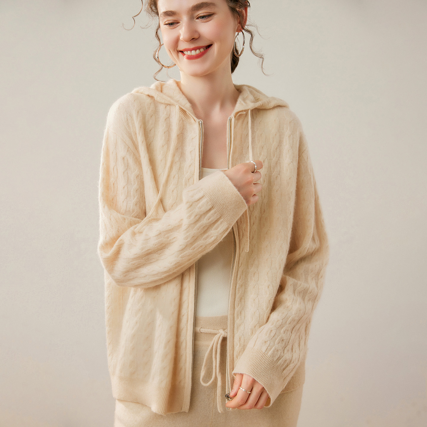Women's Hooded Cashmere Zip-Up | Knit Sweater Coat REAL SILK LIFE