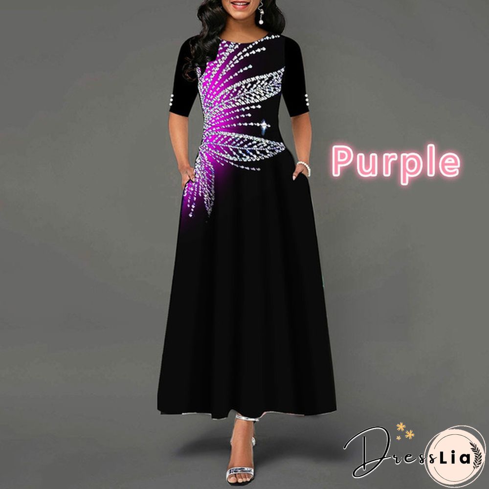 Women Button Detail Half Sleeve Floral Print Long Dress Gradient Maxi Dress