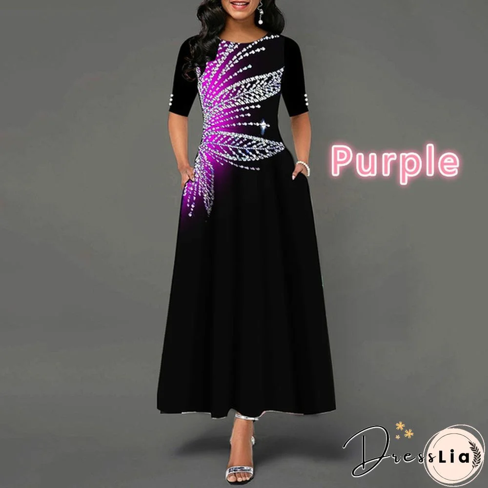 Women Button Detail Half Sleeve Floral Print Long Dress Gradient Maxi Dress