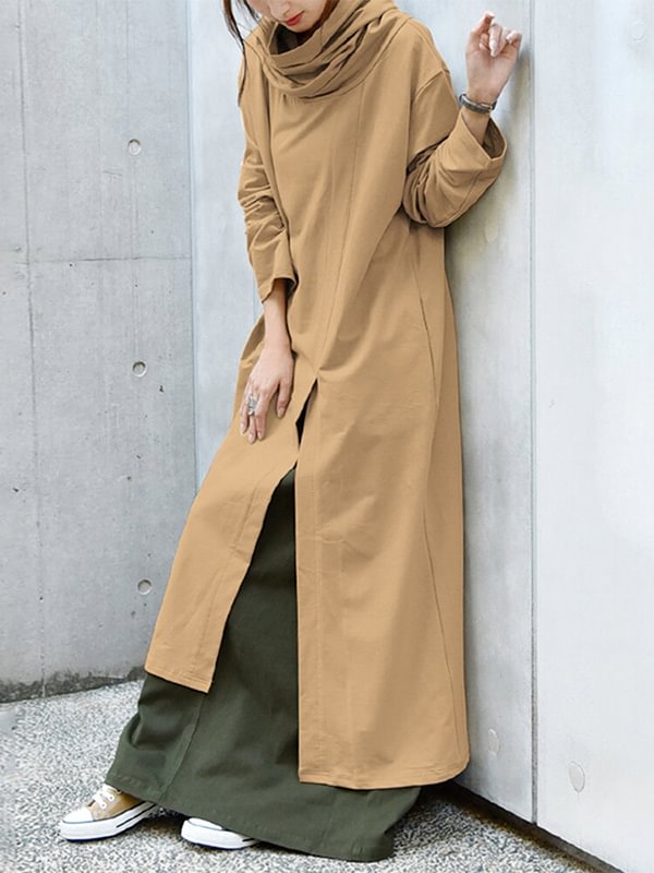 Casual Solid Color Split-Side Heaps Collar Long Sleeves Midi Dress