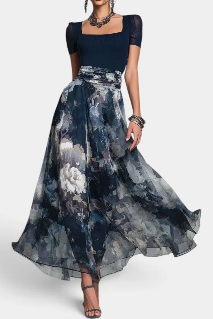 Square-Neck Knit Top with Floral Maxi Skirt