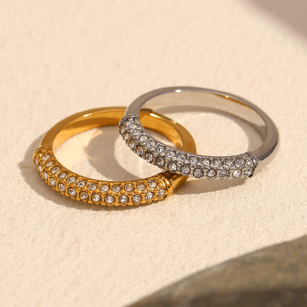 Ins Fashion Niche Personality Versatile Hand Jewelry Stainless Steel Plated 18K Gold Simple Half Diamond Ring Female