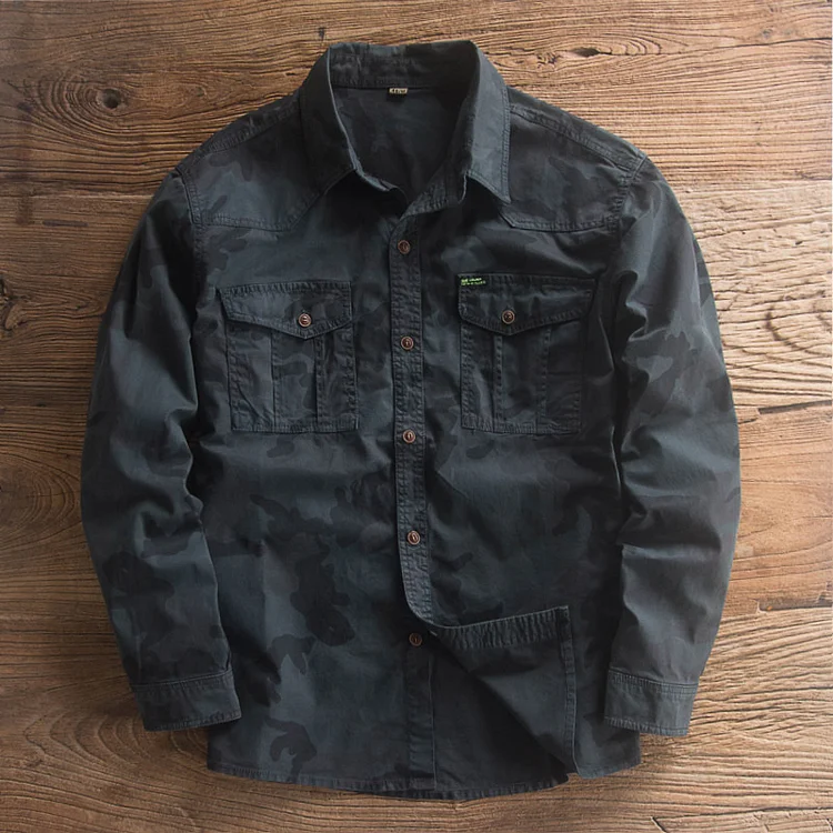 Galagalafood Camouflage Workwear Chest Double Pocket Basic Long Sleeve Shirt Washed Old Tough Guy Style Men Amekaji Cargo Loose Shorts Coats