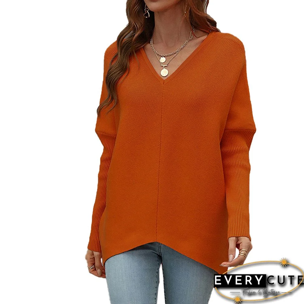 Orange V-neckline High Low Knit Sweater