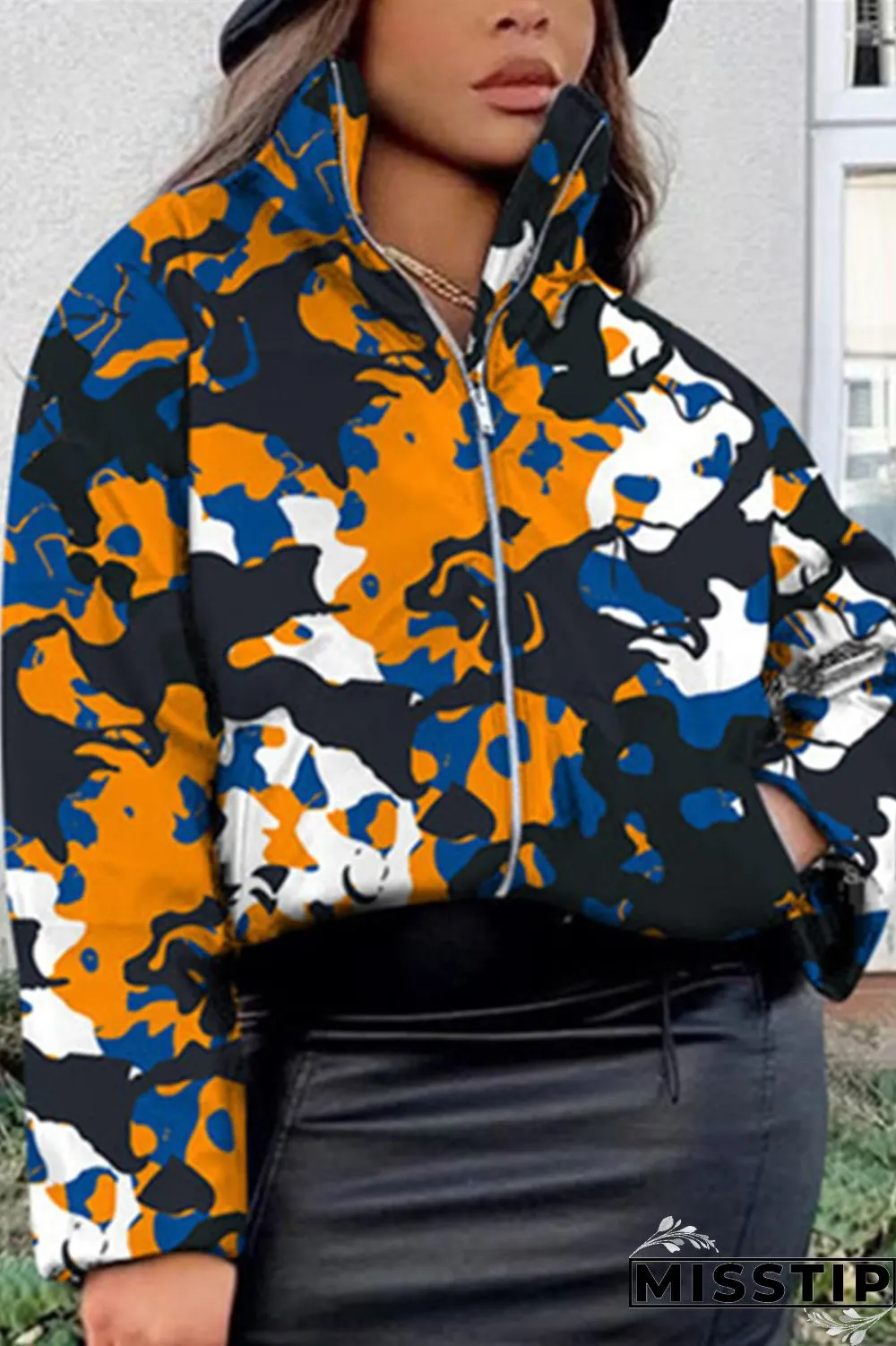 Cyanine Fashion Casual Print Basic Mandarin Collar Outerwear