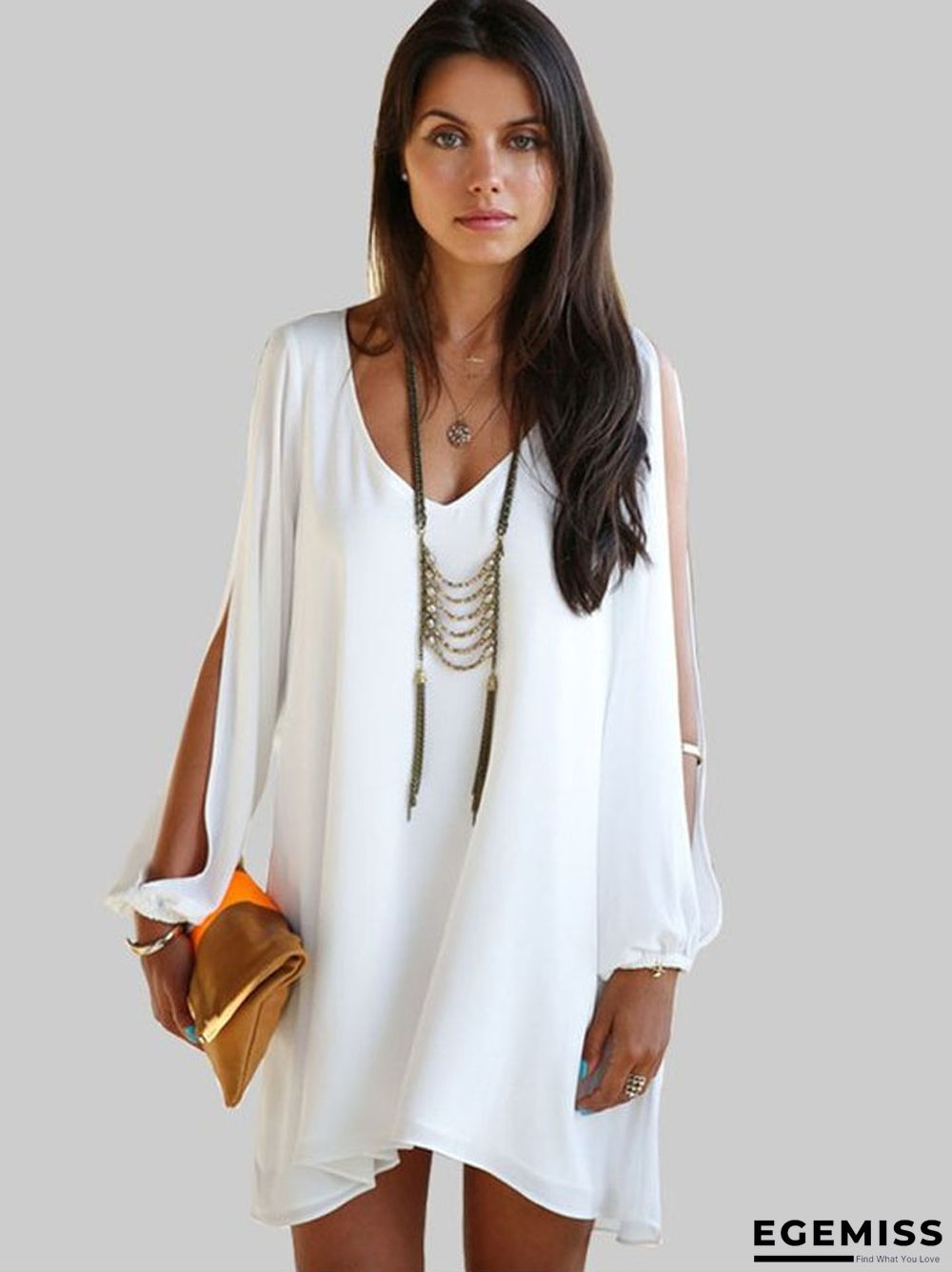 Chiffon Dress V-neck A-line Dress White Dresses | EGEMISS