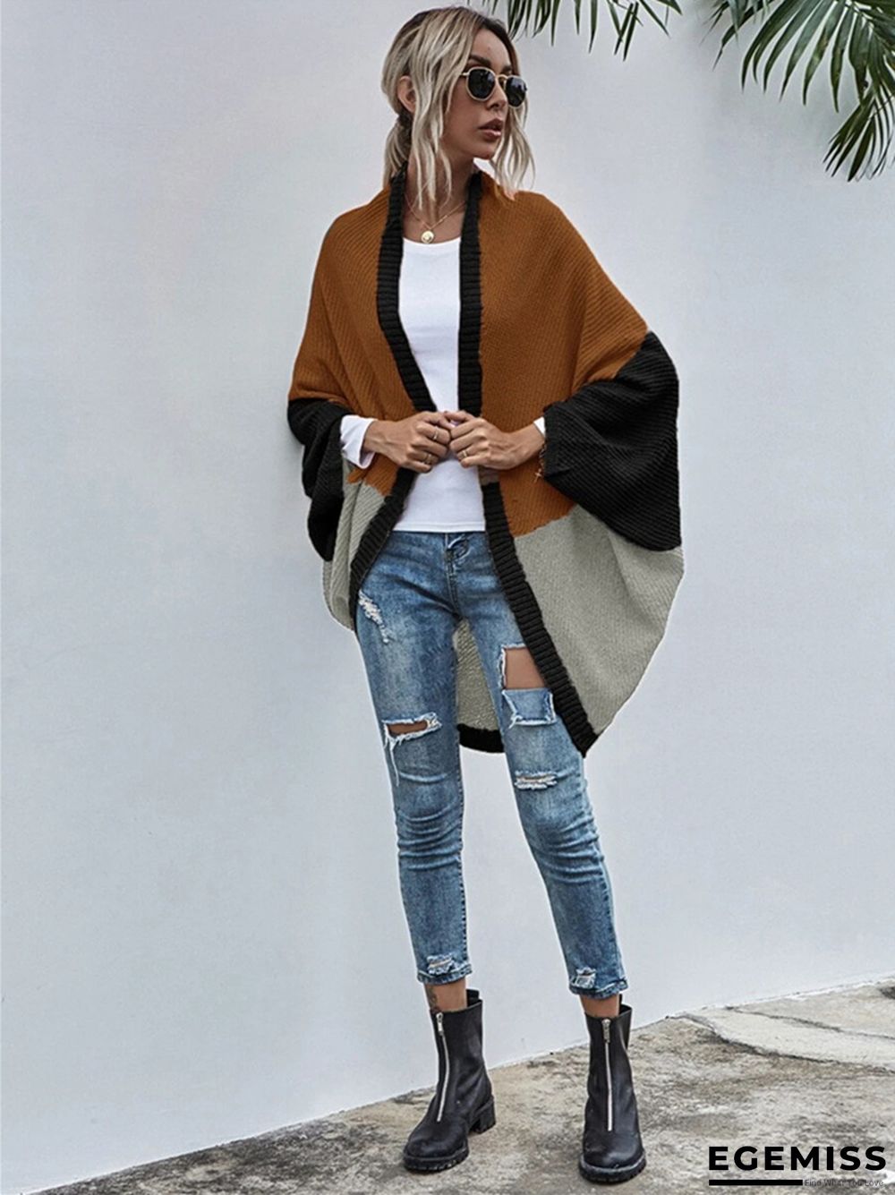 Contrast Shawl Knitted Cardigan Sweater | EGEMISS