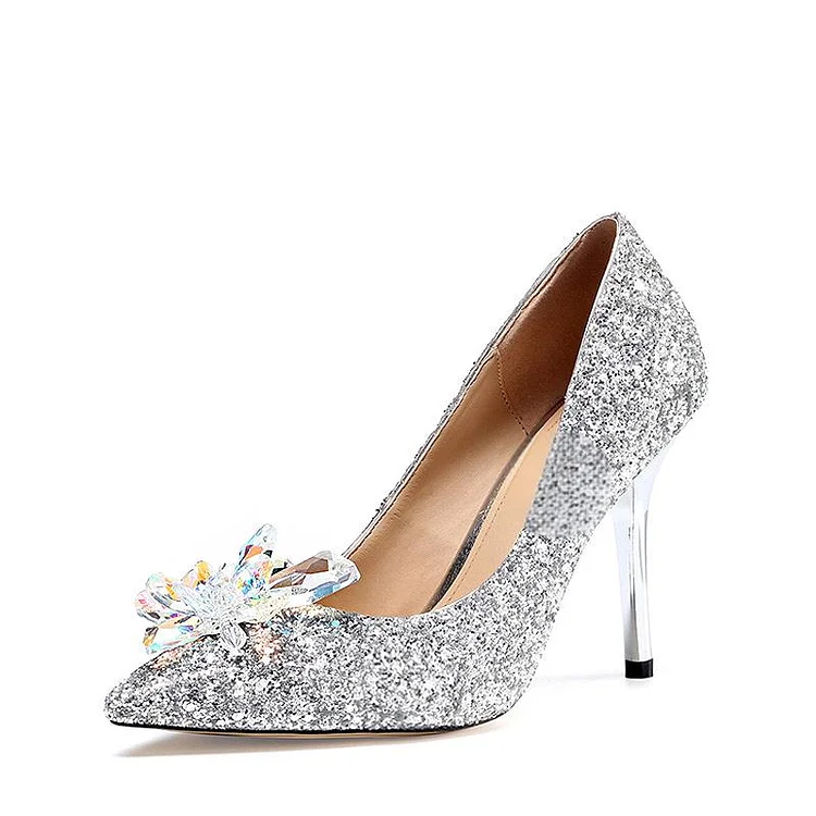 Silver Cinderella Crystal Glitter Bridal Heels Vdcoo