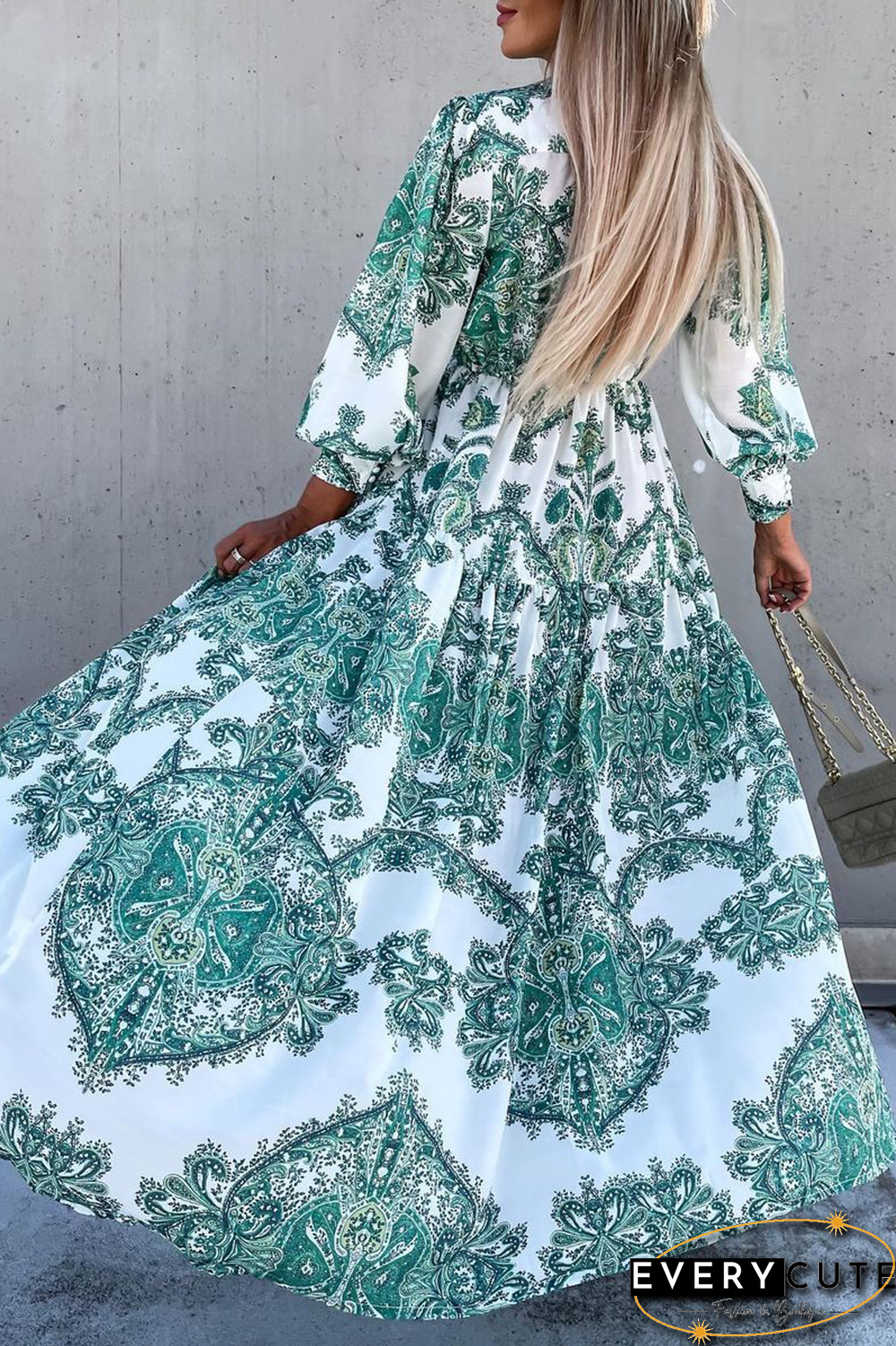 Elegant Print Split Joint Buckle V Neck Dresses