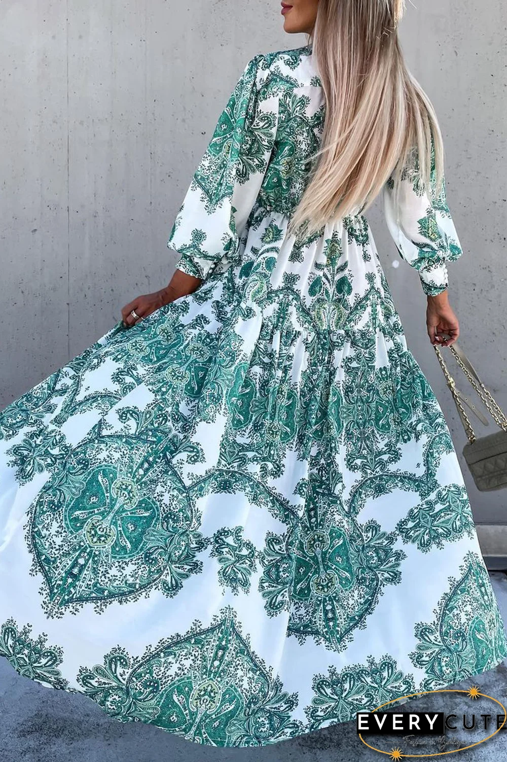 Elegant Print Split Joint Buckle V Neck Dresses