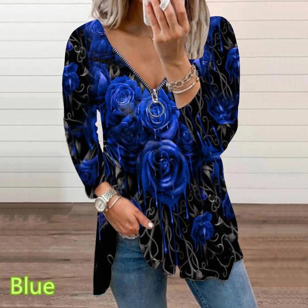 Spring and Early Autumn New Fashion Women's Flower Rose Printed Casual Plus Size Long Sleeve Zipper V-neck Top Loose Soft and Comfortable Long Sleeve Bottoming Shirt XS-5XL - Shop Trendy Women's Fashion | TeeYours
