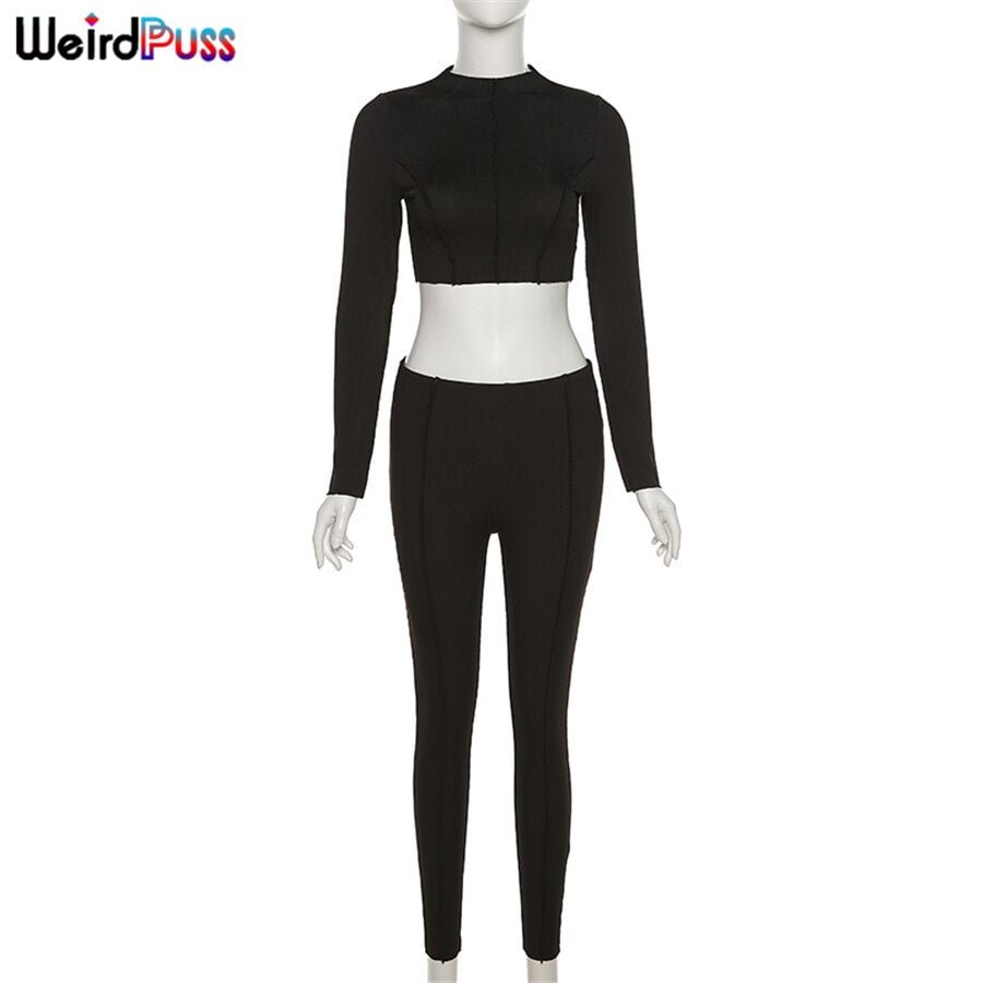 Weird Puss Fitness Women Tracksuit Ribbed Striped Stretchy 2 Piece Set Long Sleeve Crop Top+Leggings Casual Matching Slim Outfit