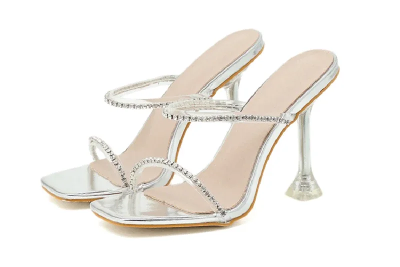 Yyvonne Women's Mules Slippers Fashion PVC Transparent Crystal Rhinestone Shaped Square Head High Heels Sandals Ladies Wedding Shoes New