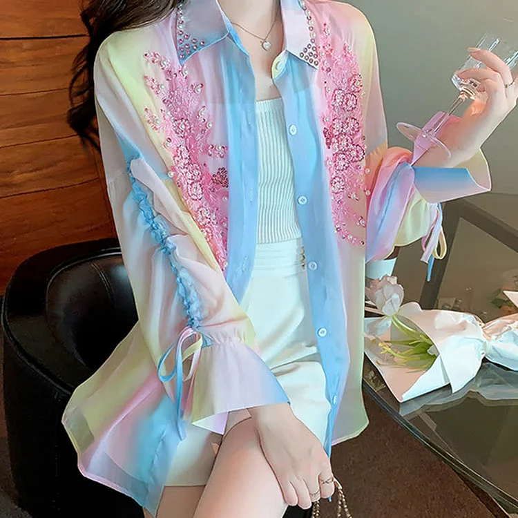 Rainbow Print Drawstring Sleeve Pearl Decor Casual Shirt - Modakawa modakawa