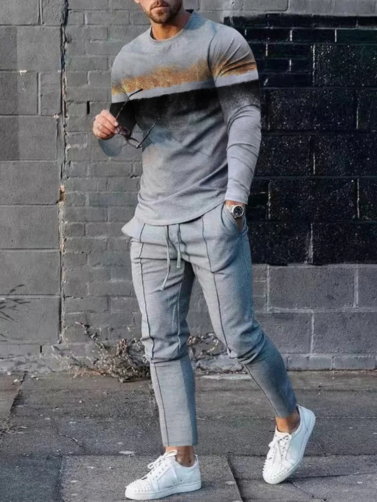 Men's fashion casual gray print long sleeve two-piece set
