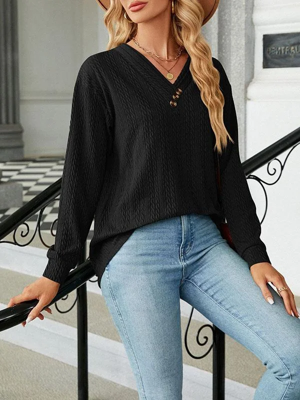 Women's V-neck small twist solid color button loose T-shirt top
