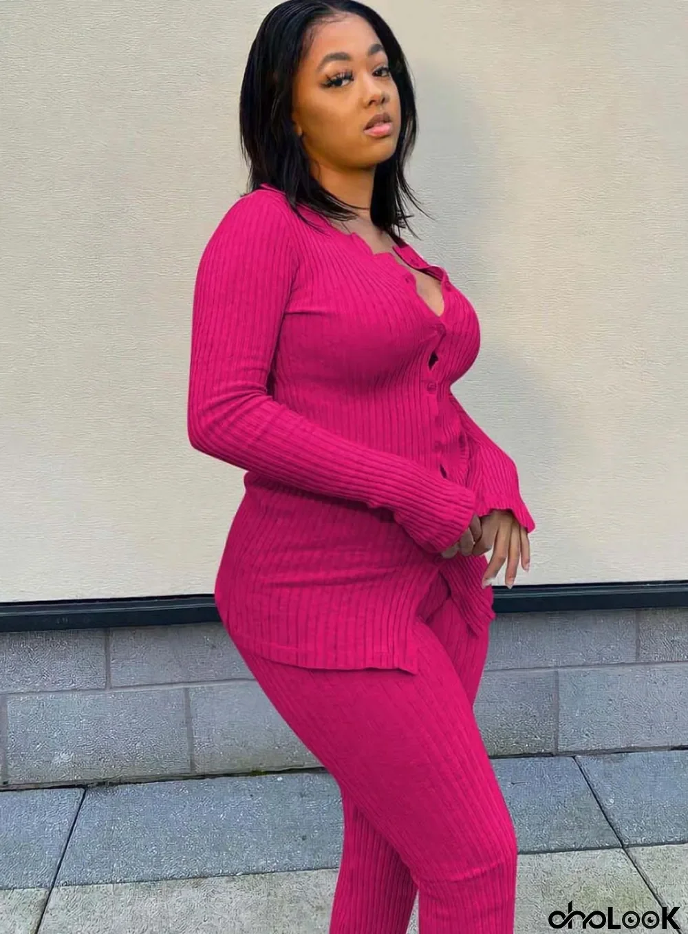 Winter Casual Rosy Red Bib Knit Button Up Shirt and Match Pants Set