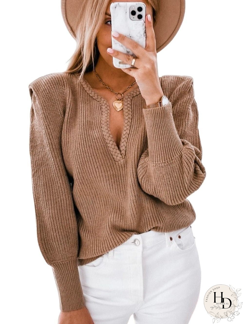 V-neck Knitted Sweater with Puff Sleeves