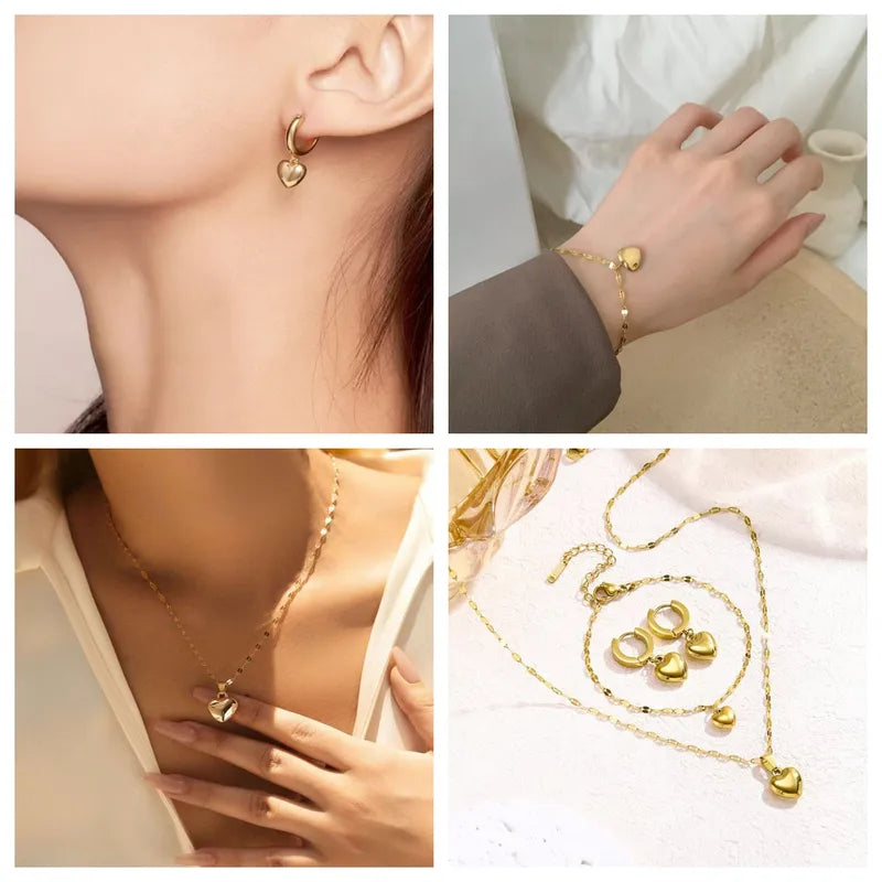 Fairy Style Cute Sweet Heart Shape 304 Stainless Steel 18K Gold Plated Jewelry Set