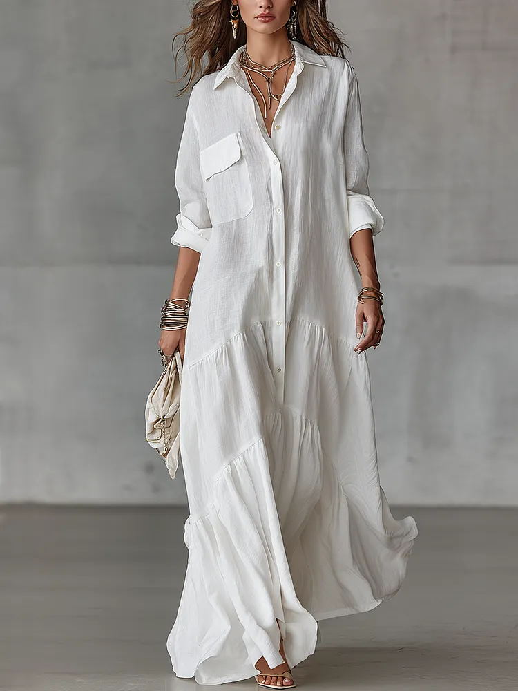 Timeless White Linen Button Front Tiered Maxi Dress