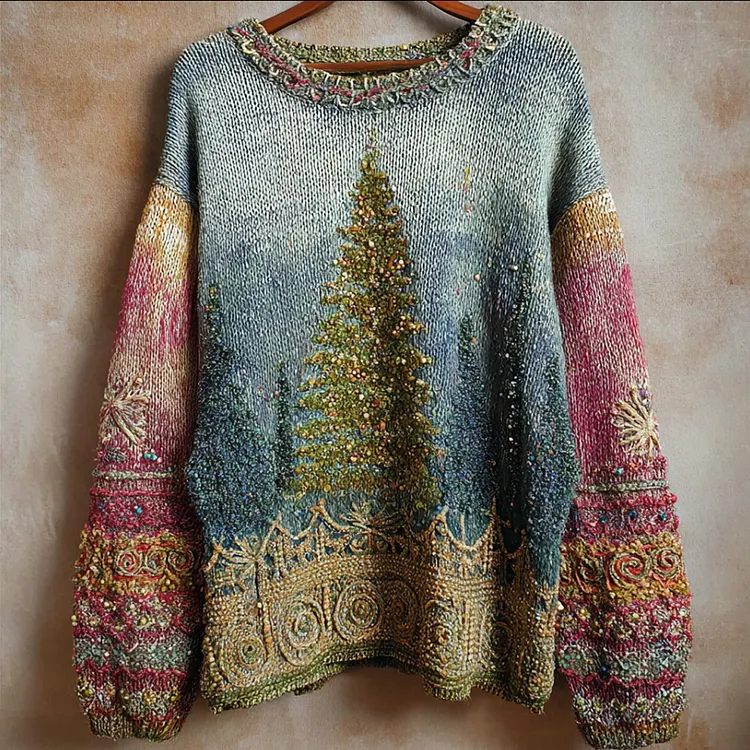 Ladies' Christmas Tree Pattern Design, Autumn And Winter Stretchy And Warm Knit Sweater