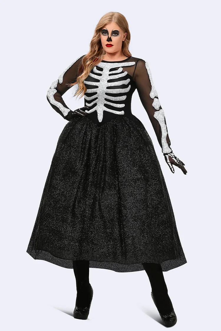 Flycurvy Plus Size Halloween Witch Costumes Black Skeleton Print Tulle Long Sleeves Midi Dress (With Gloves)  Flycurvy [product_label]