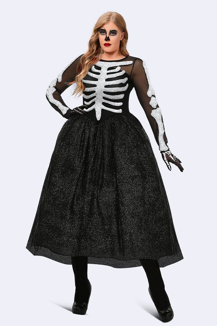 Flycurvy Plus Size Halloween Black Skeleton Print Tulle Long Sleeves Midi Dress (With Gloves)  flycurvy [product_label]