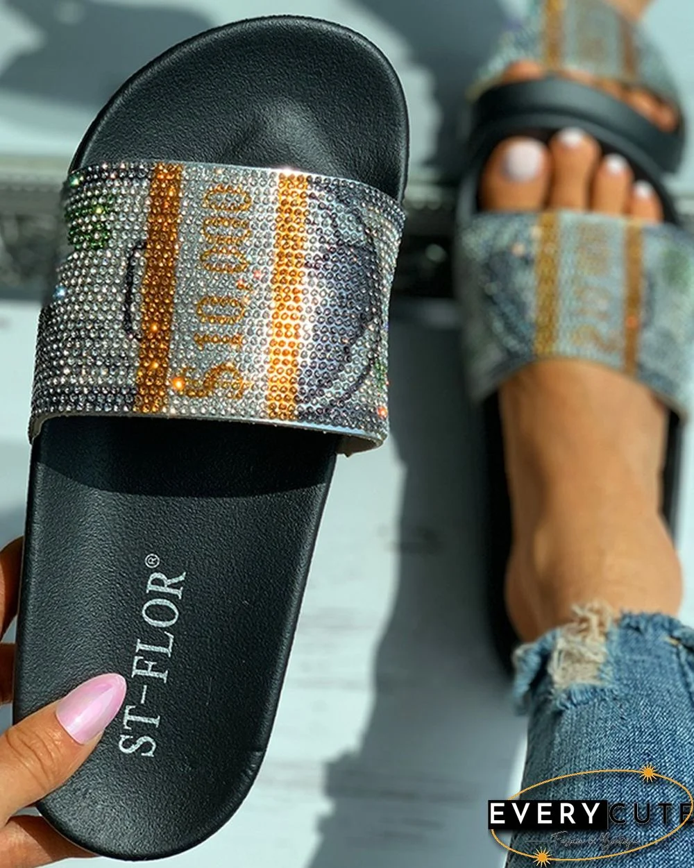 Dollar Pattern Studded Slide Sandals