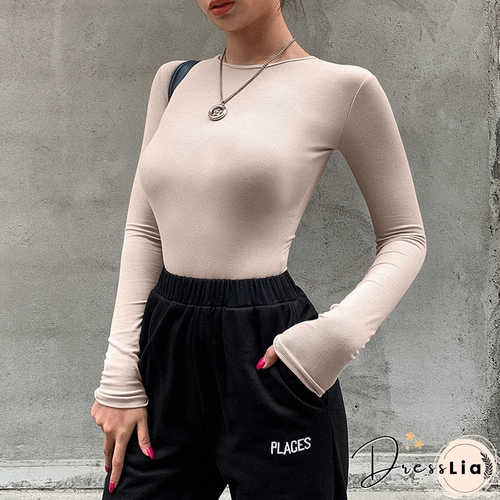 Slim Ladies Sexy Bodysuit Solid Fashion Skinny Bodycon Women Bodysuit Long Sleeveles O-Neck Casual Black Beige Female Bodysuit