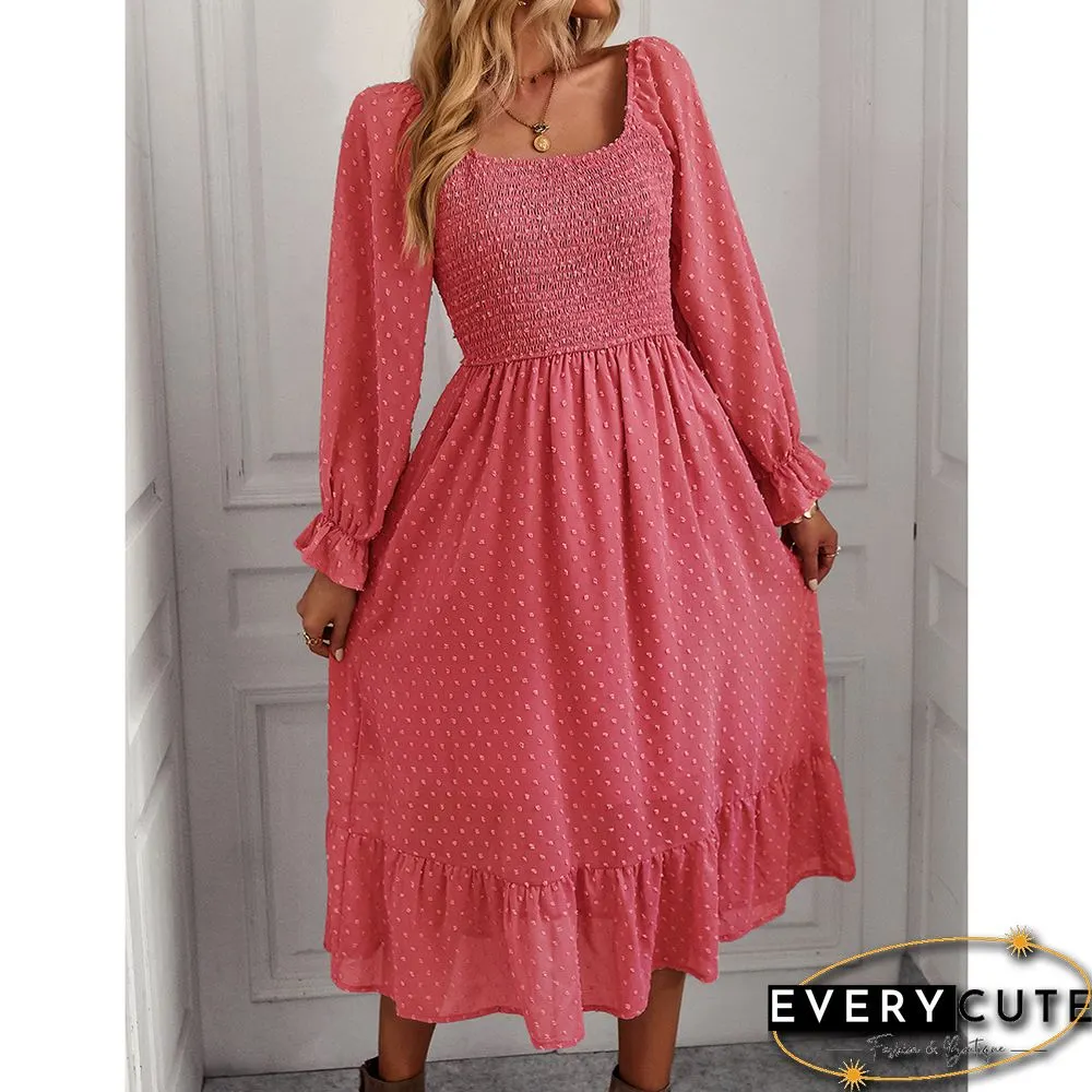 Watermelon Red Square Neck Pleated Swiss Dot Long Sleeve Dress