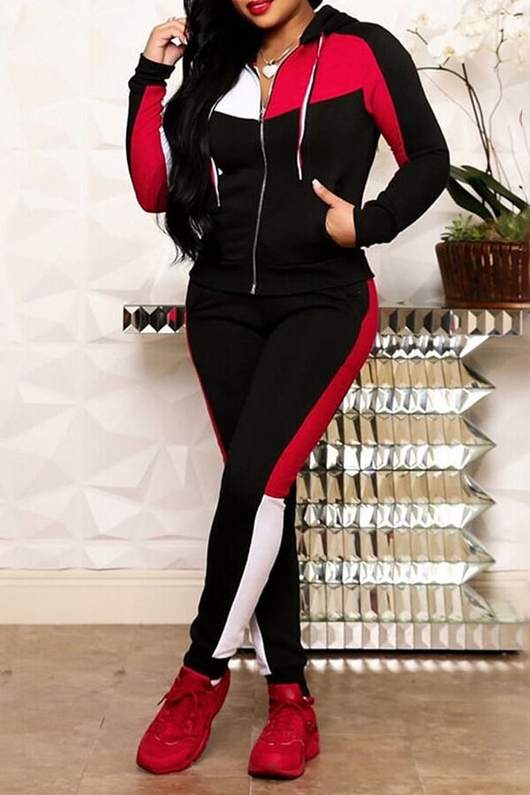 Xpluswear Plus Size Casual Colorblock Hooded Long Sleeve Two Pieces Set