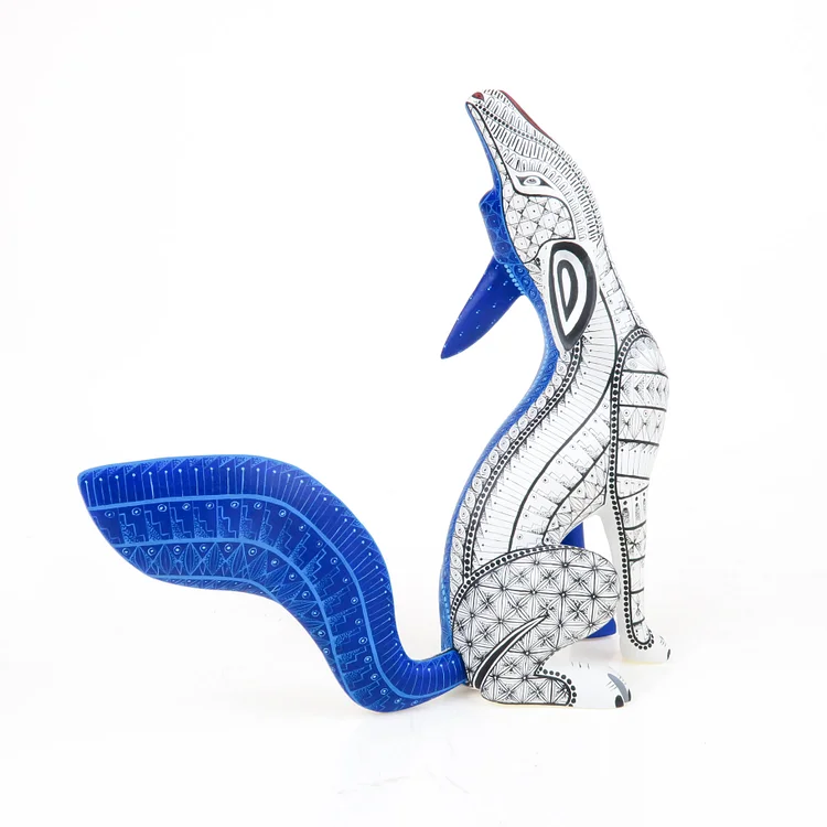 Blue & White Masterpiece Coyote - Oaxacan Alebrije Wood Carving