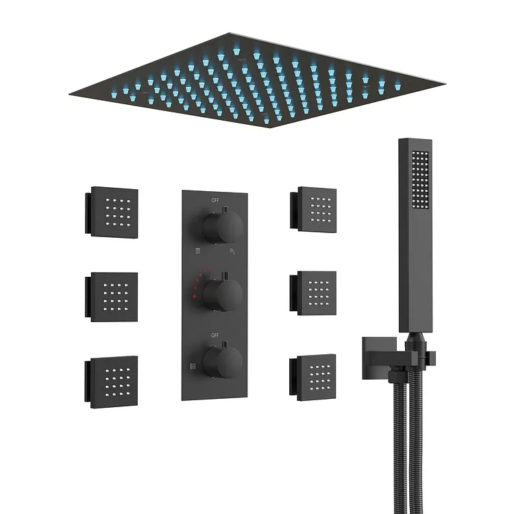EVERSTEIN 12" Ceiling Mounted Luxury Rainfall Shower System in Matte Black