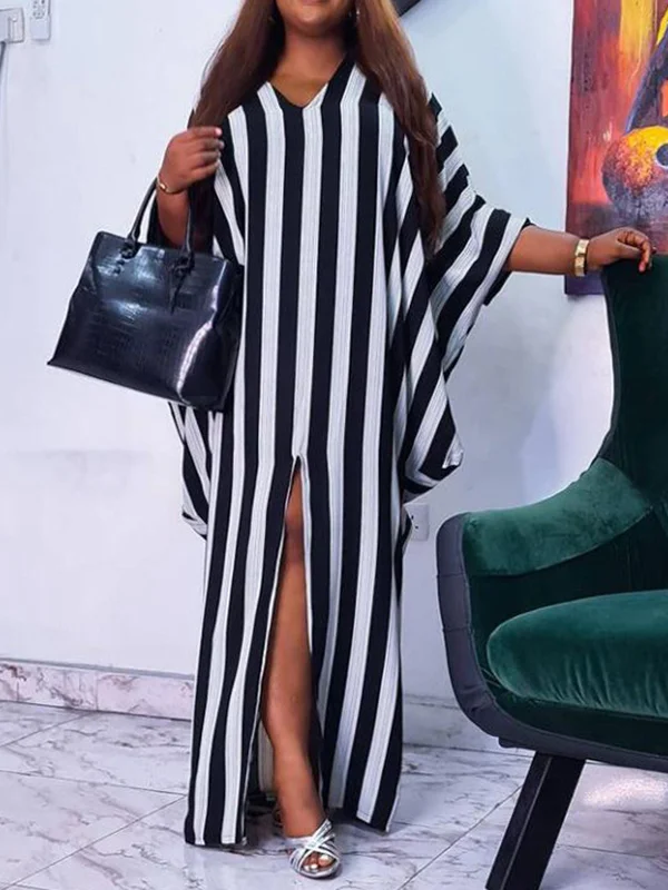 Split-Front Striped Batwing Sleeves Long Sleeves V-Neck Maxi Dresses