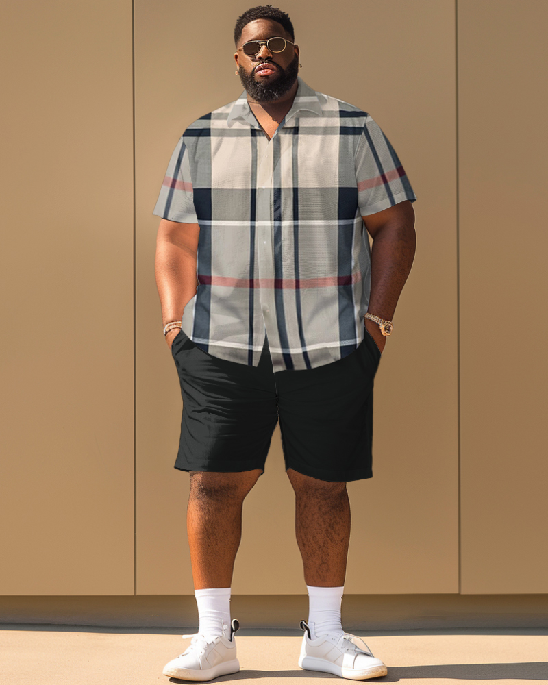Men's Plus Size Classic Plaid Print Short Sleeve Shirt Shorts Set