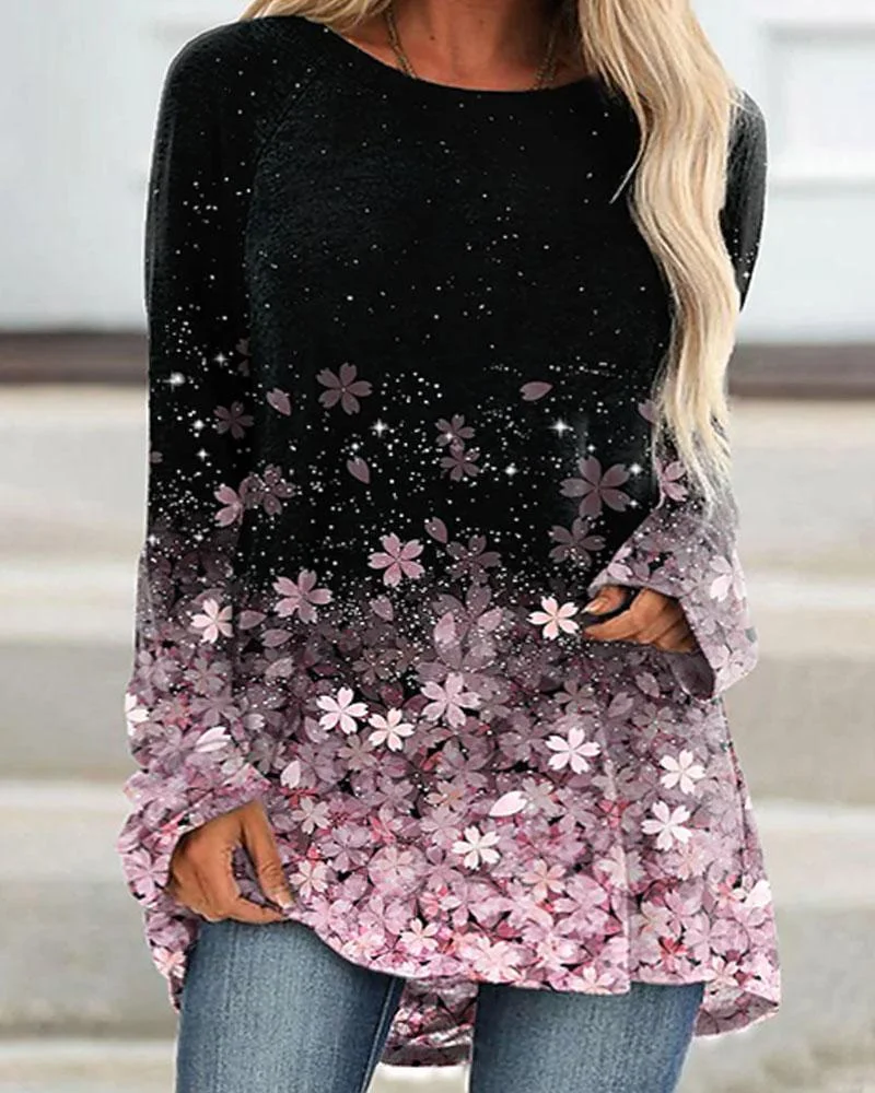 Women's Cherry Blossoms Print Round Neck Long Sleeve Plus Size Top