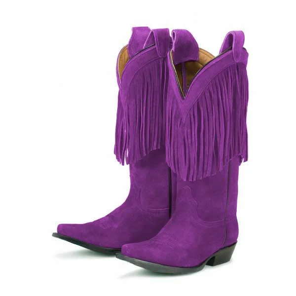 Purple Cowgirl Boots Fringe Mid Calf Suede Boots |FSJ Shoes