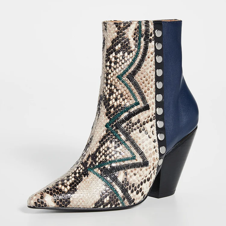 Multi-Color Pointy Toe Chunky Heel Python Ankle Boots Vdcoo
