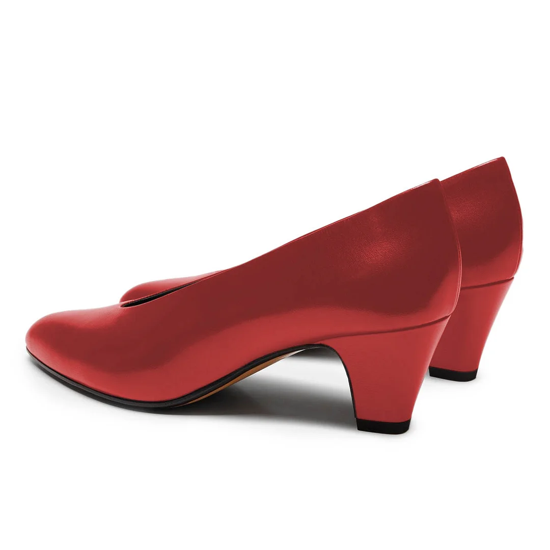 Vegan Leather Low Chunky Heel Pointed Toe Red Pumps for Women