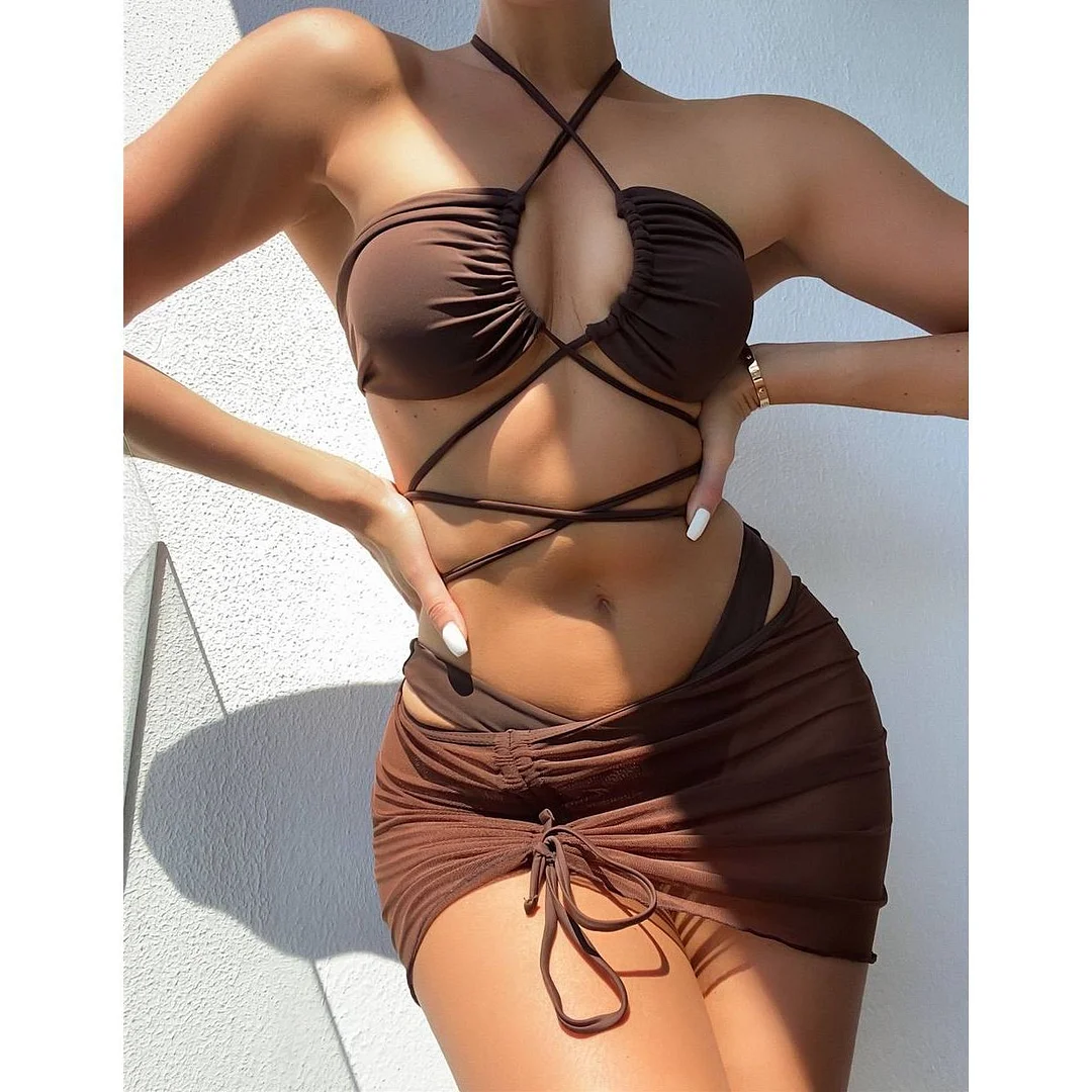 Wongn Wongn New Sexy Tie-Up Three-Piece Bikini Solid Color Multi-Color Swimsuit Woman