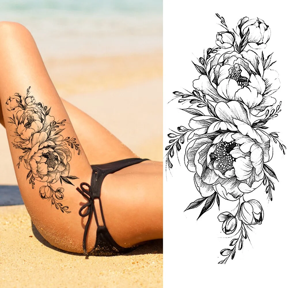 Sdrawing Sketch Flower Temporary Tattoos Realistic Fake Black Rose Peony Lotus Tatoos For Women Body Art Decor Tatoos For Party