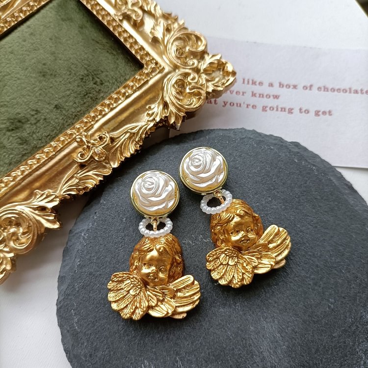 Vintage Angel Pearl Flower Stud Earrings