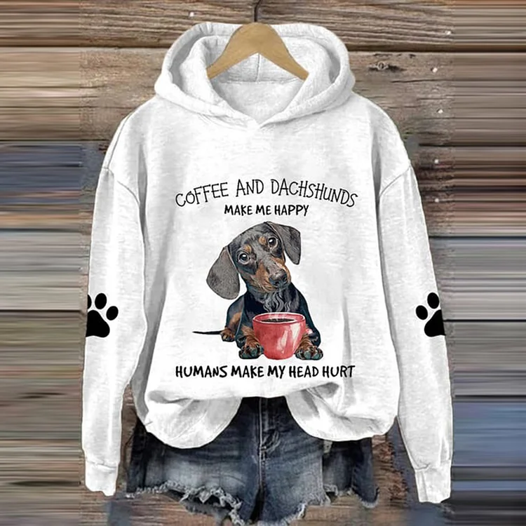 VChics Coffee And Dachshund Make Me Happy Printed Casual Hoodie